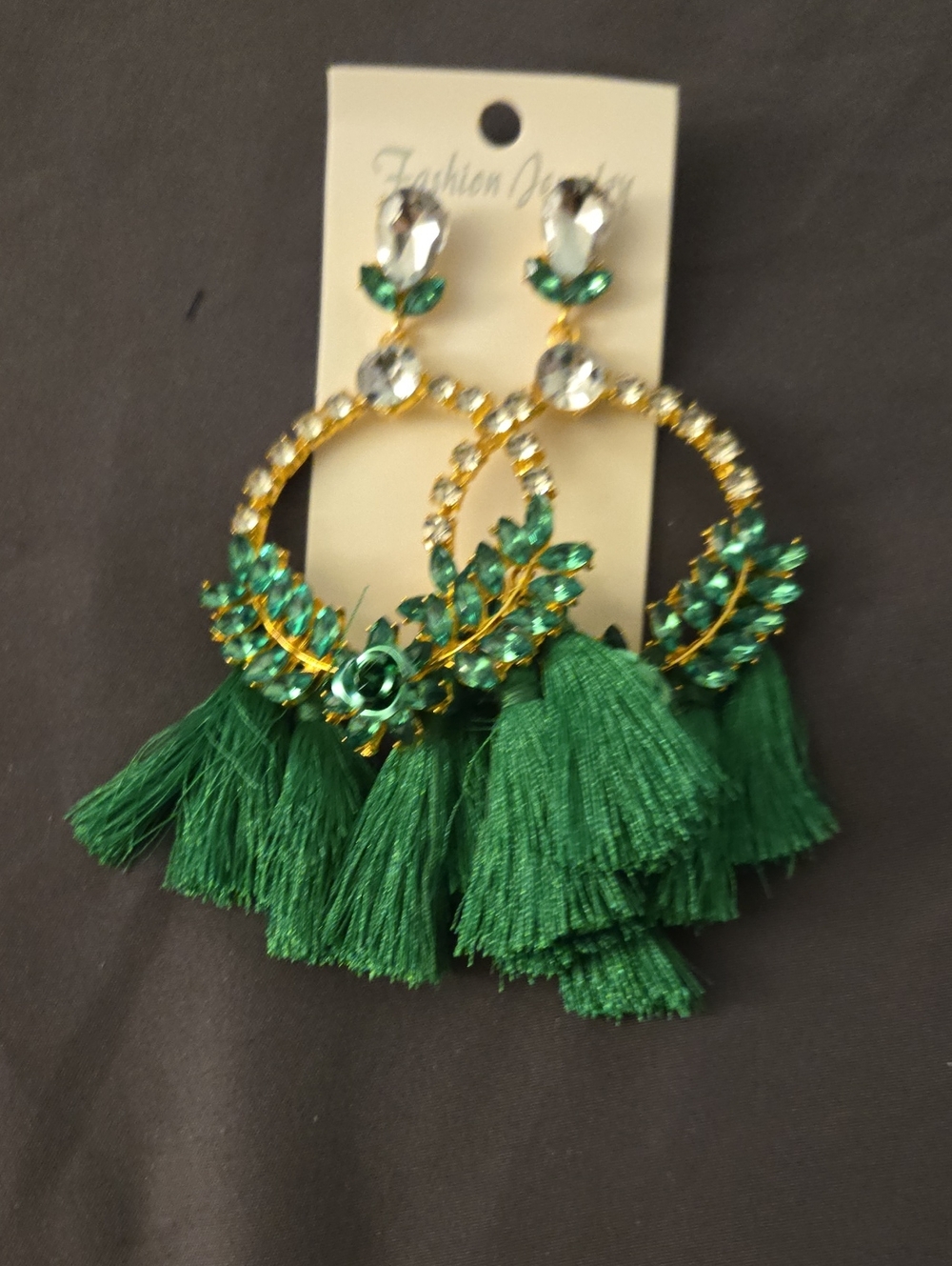 Fashion Jewelry Emerald Green Crystal Tassel Hoop Earrings